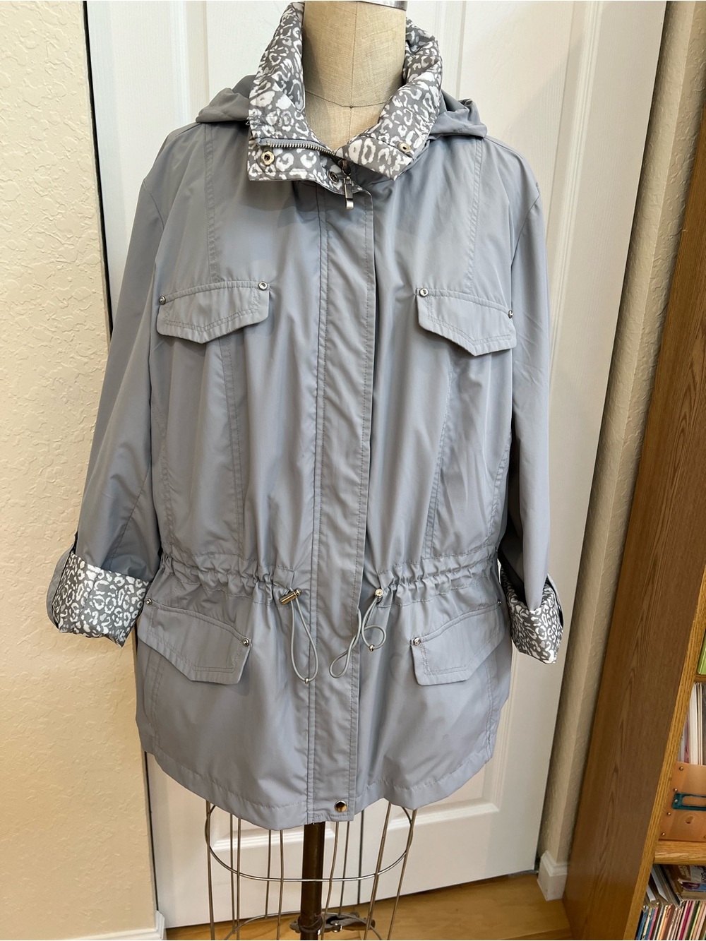 JM Collection Light Gray Hooded Anorak with Printed Trim